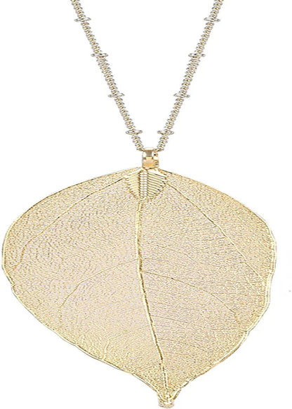 BOUTIQUELOVIN Filigree Long Leaf Pendant Dangle Necklace and Earring Jewelry Set Fashion Gifts for Women Girls E-14K Gold Necklace