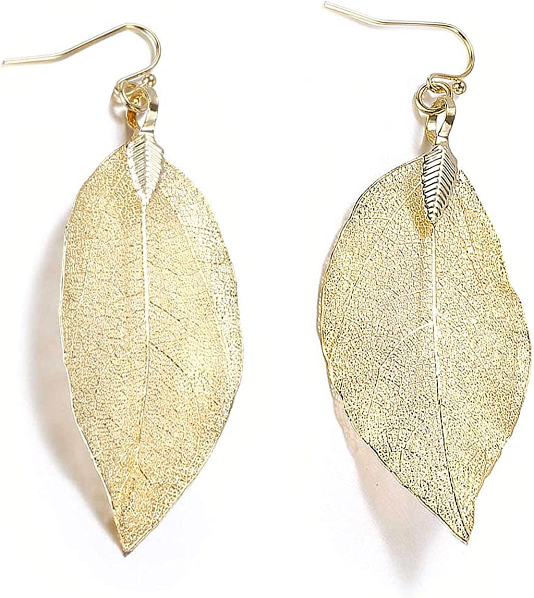 BOUTIQUELOVIN Filigree Long Leaf Pendant Dangle Necklace and Earring Jewelry Set Fashion Gifts for Women Girls I-14K Gold Earrings
