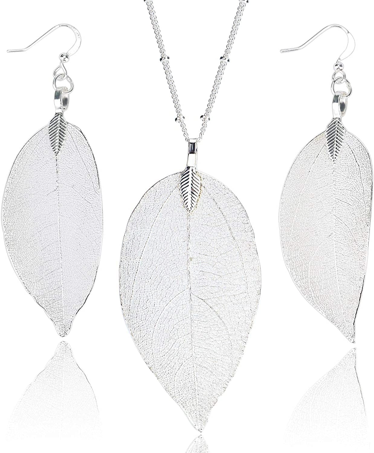 BOUTIQUELOVIN Filigree Long Leaf Pendant Dangle Necklace and Earring Jewelry Set Fashion Gifts for Women Girls B-White Gold Jewelry Set