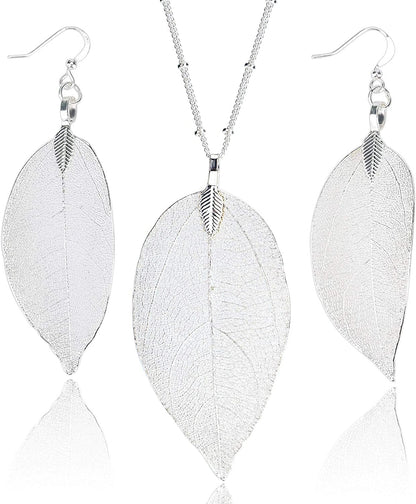 BOUTIQUELOVIN Filigree Long Leaf Pendant Dangle Necklace and Earring Jewelry Set Fashion Gifts for Women Girls B-White Gold Jewelry Set