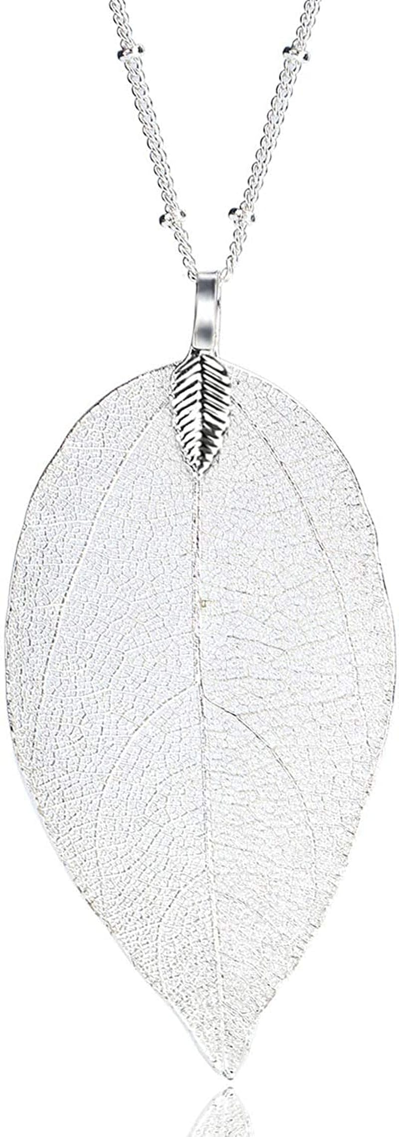 BOUTIQUELOVIN Filigree Long Leaf Pendant Dangle Necklace and Earring Jewelry Set Fashion Gifts for Women Girls F-White Gold Neckalce