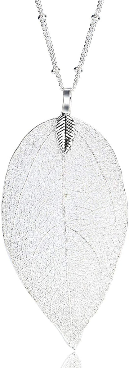 BOUTIQUELOVIN Filigree Long Leaf Pendant Dangle Necklace and Earring Jewelry Set Fashion Gifts for Women Girls F-White Gold Neckalce