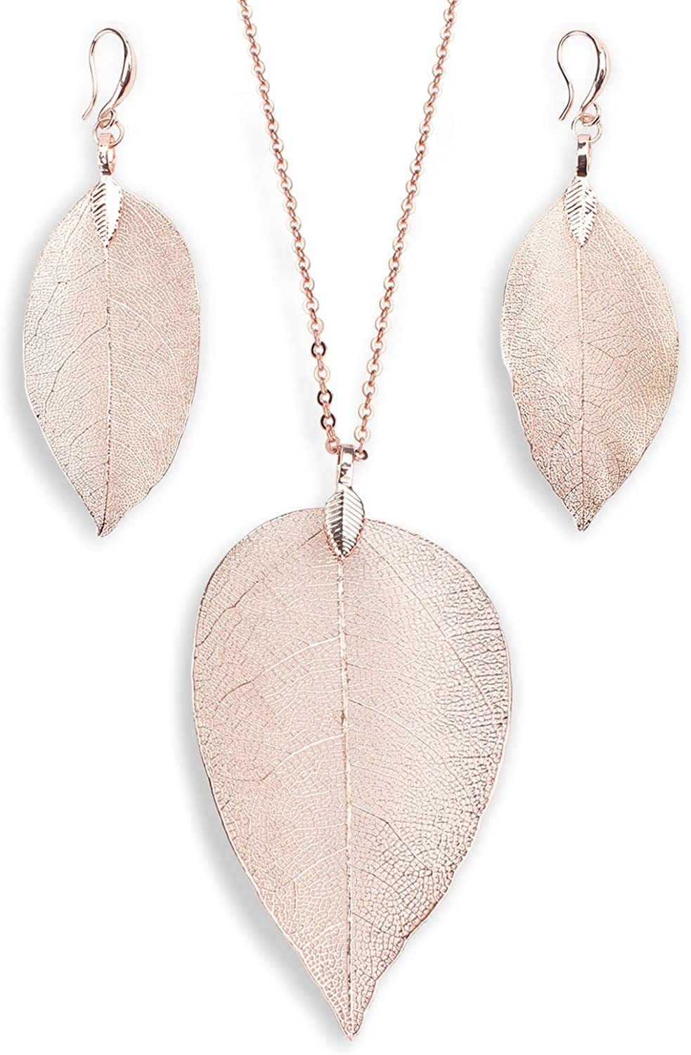 BOUTIQUELOVIN Filigree Long Leaf Pendant Dangle Necklace and Earring Jewelry Set Fashion Gifts for Women Girls C-Rose Gold Jewelry Set