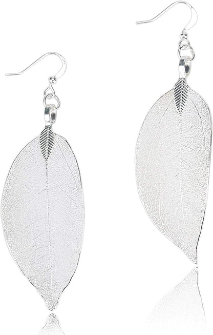 BOUTIQUELOVIN Filigree Long Leaf Pendant Dangle Necklace and Earring Jewelry Set Fashion Gifts for Women Girls J-White Gold Earrings