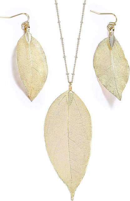 BOUTIQUELOVIN Filigree Long Leaf Pendant Dangle Necklace and Earring Jewelry Set Fashion Gifts for Women Girls A-14K Gold Jewelry Set