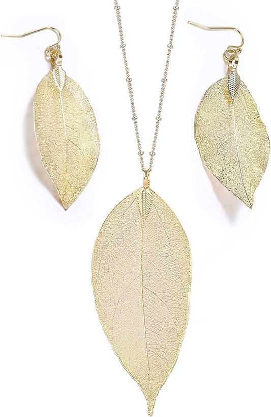 BOUTIQUELOVIN Filigree Long Leaf Pendant Dangle Necklace and Earring Jewelry Set Fashion Gifts for Women Girls A-14K Gold Jewelry Set