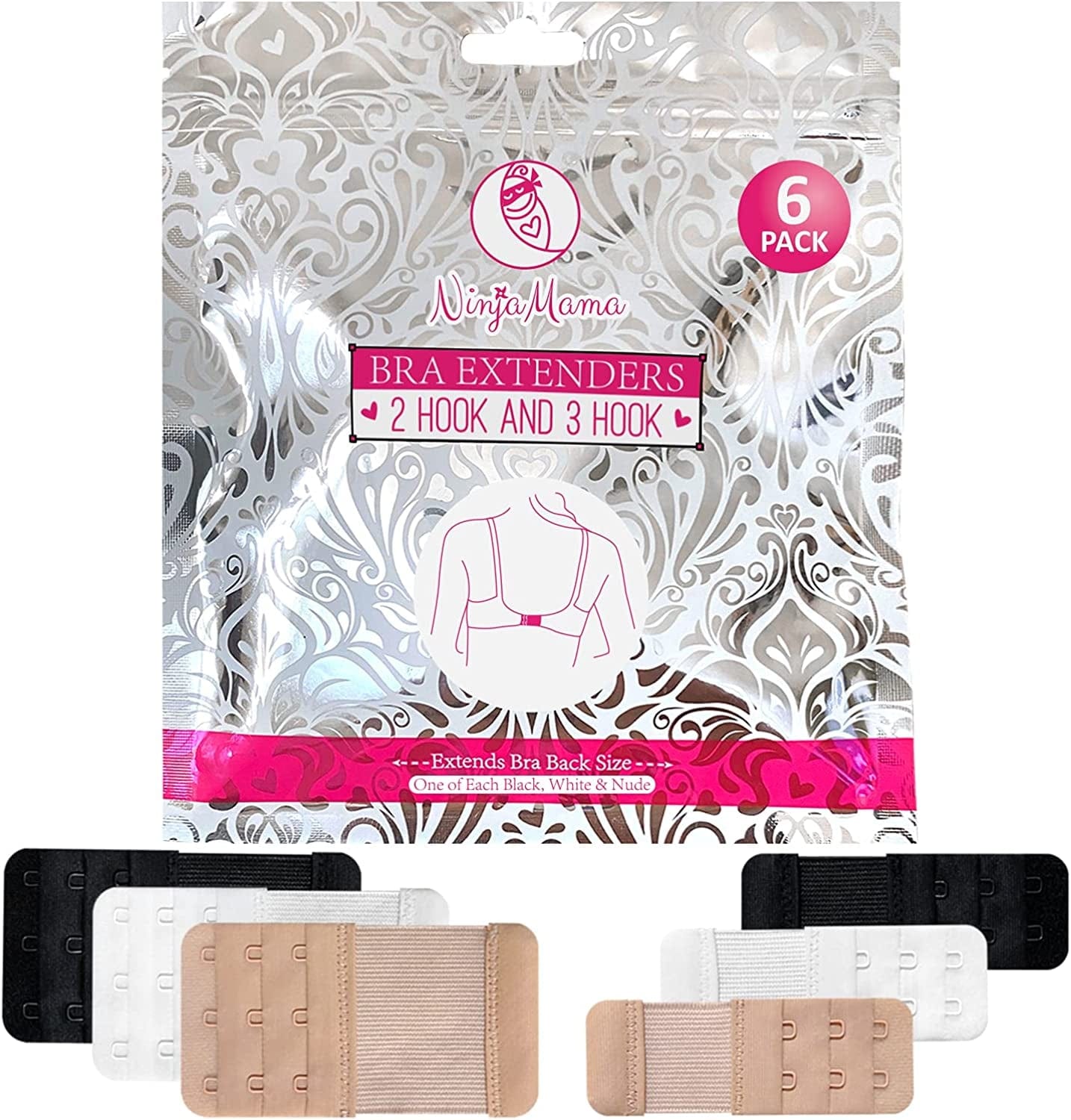 Bra Extender 2 Hook & 3 Hooks Bra Extenders & Pretty Storage Bag. Pack of 6 – One of Each Black, White and Nude. Bra Strap Extender for Pregnant and Postpartum Women in between Bra Sizes