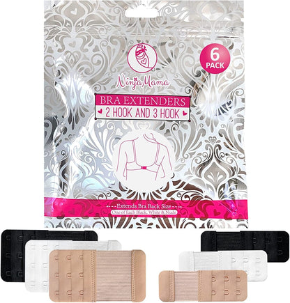 Bra Extender 2 Hook & 3 Hooks Bra Extenders & Pretty Storage Bag. Pack of 6 – One of Each Black, White and Nude. Bra Strap Extender for Pregnant and Postpartum Women in between Bra Sizes