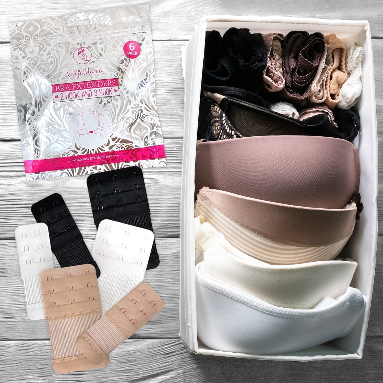 Bra Extender 2 Hook & 3 Hooks Bra Extenders & Pretty Storage Bag. Pack of 6 – One of Each Black, White and Nude. Bra Strap Extender for Pregnant and Postpartum Women in between Bra Sizes