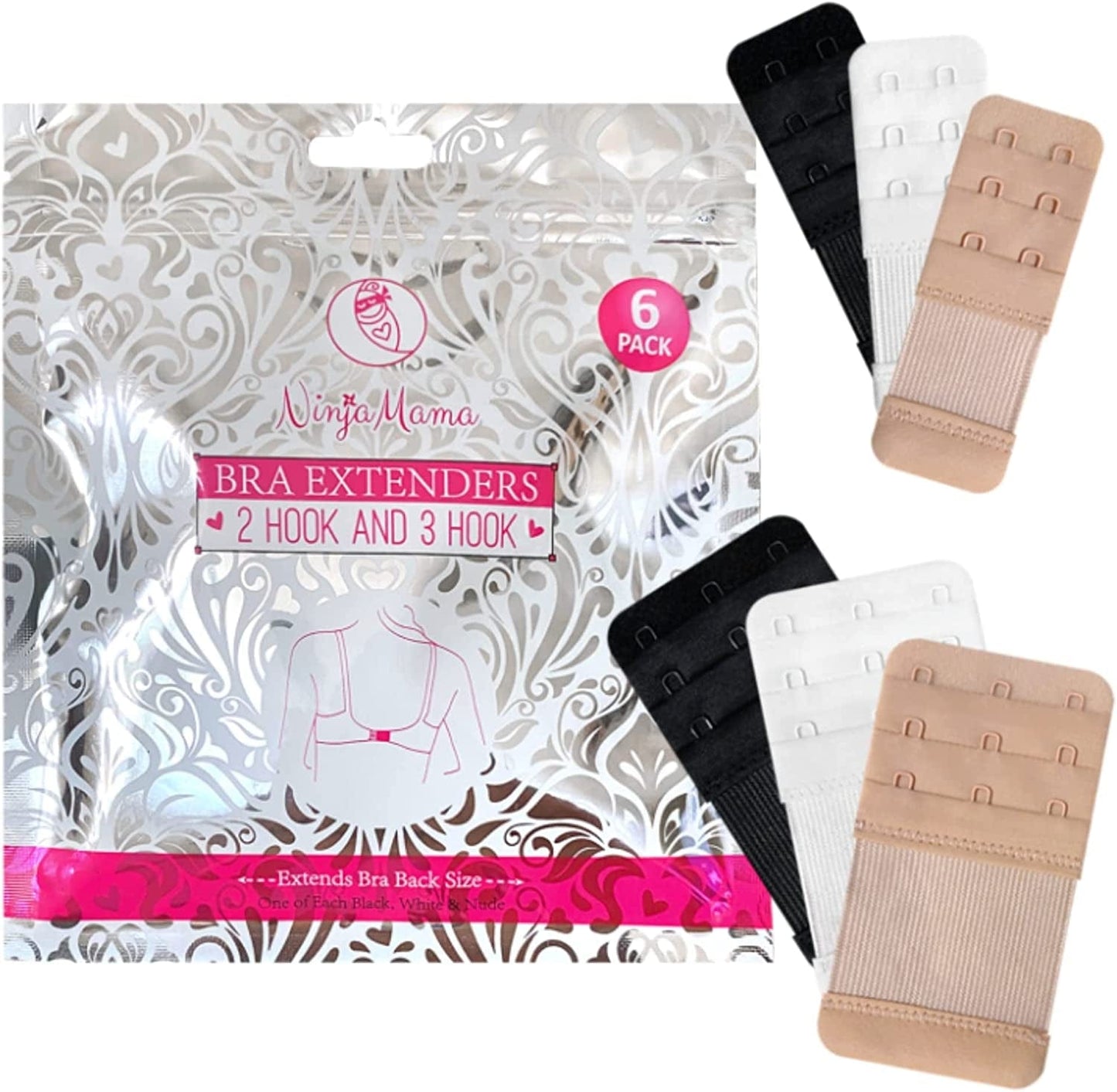 Bra Extender 2 Hook & 3 Hooks Bra Extenders & Pretty Storage Bag. Pack of 6 – One of Each Black, White and Nude. Bra Strap Extender for Pregnant and Postpartum Women in between Bra Sizes