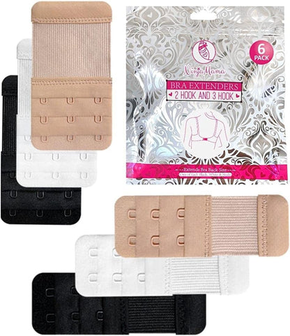 Bra Extender 2 Hook & 3 Hooks Bra Extenders & Pretty Storage Bag. Pack of 6 – One of Each Black, White and Nude. Bra Strap Extender for Pregnant and Postpartum Women in between Bra Sizes