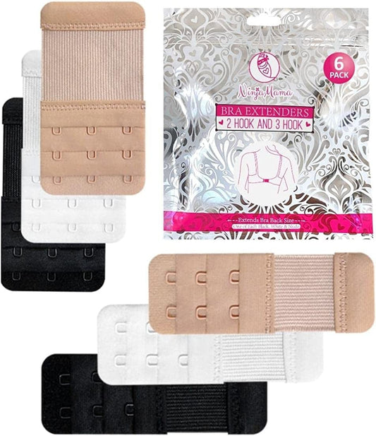 Bra Extender 2 Hook & 3 Hooks Bra Extenders & Pretty Storage Bag. Pack of 6 – One of Each Black, White and Nude. Bra Strap Extender for Pregnant and Postpartum Women in between Bra Sizes
