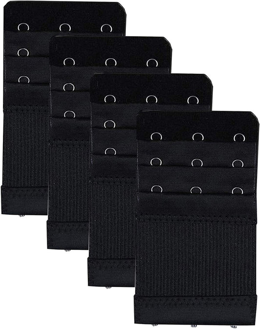 Bra Extender 3 Hooks 3 Rows Elastic Bra Band Hook Strap Extensions for Women, Pack of 4 Black