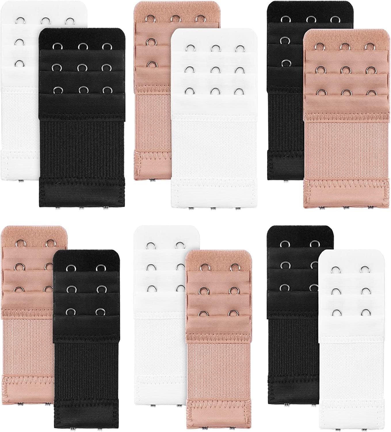 Bra Strap Clips, Bra Extenders 3 Hooks, Bra Strap Holder, Bra Clips for the Back 12 Pieces Bra Extenders (Black & White & Apricot)