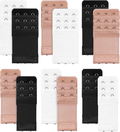 Bra Strap Clips, Bra Extenders 3 Hooks, Bra Strap Holder, Bra Clips for the Back 12 Pieces Bra Extenders (Black & White & Apricot)