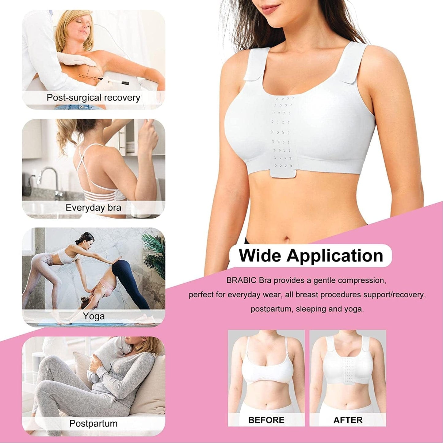 BRABIC Post Surgery Everyday Bras for Women Front Closure Mastectomy Support Bra with Adjustable Straps Wirefree