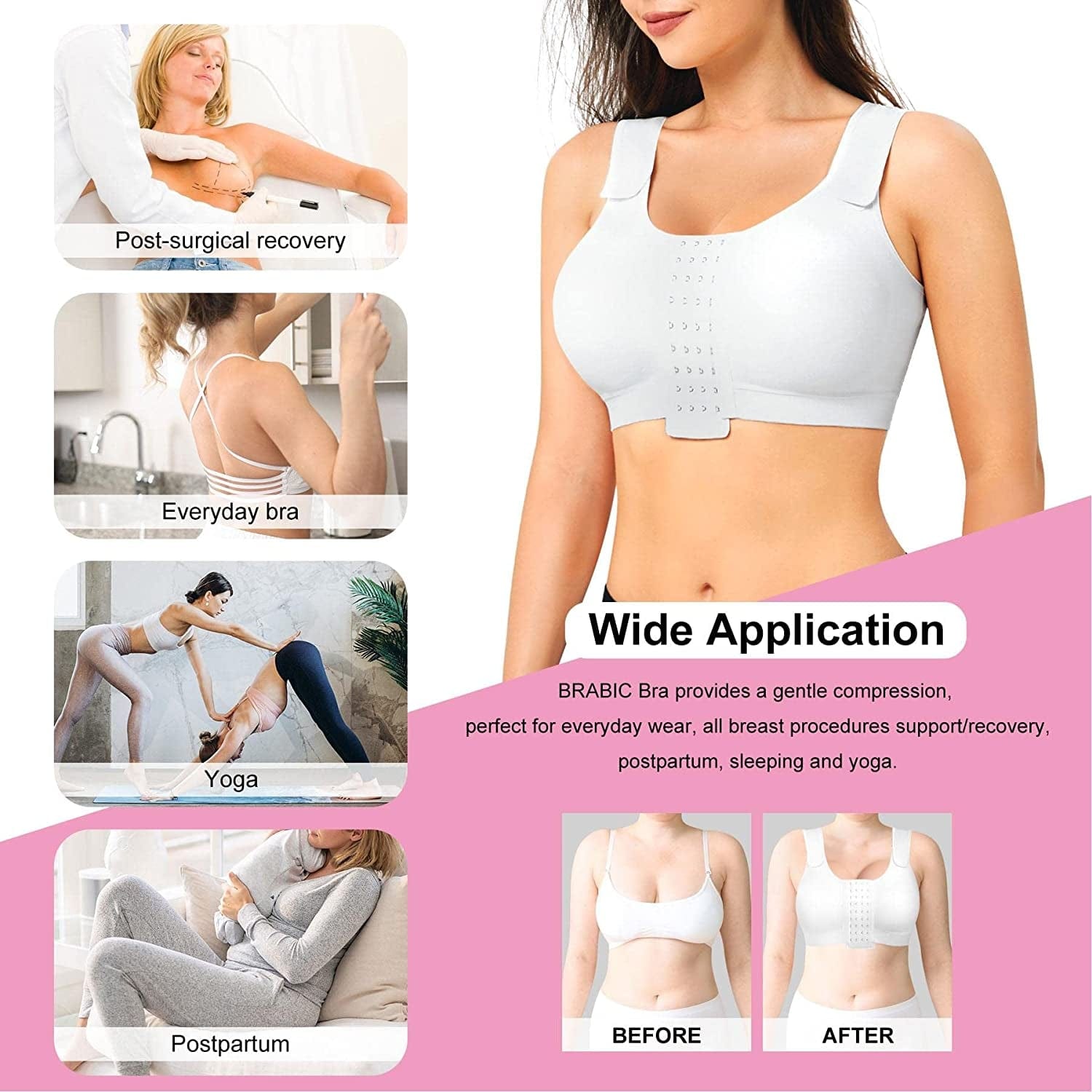 BRABIC Post Surgery Everyday Bras for Women Front Closure Mastectomy Support Bra with Adjustable Straps Wirefree
