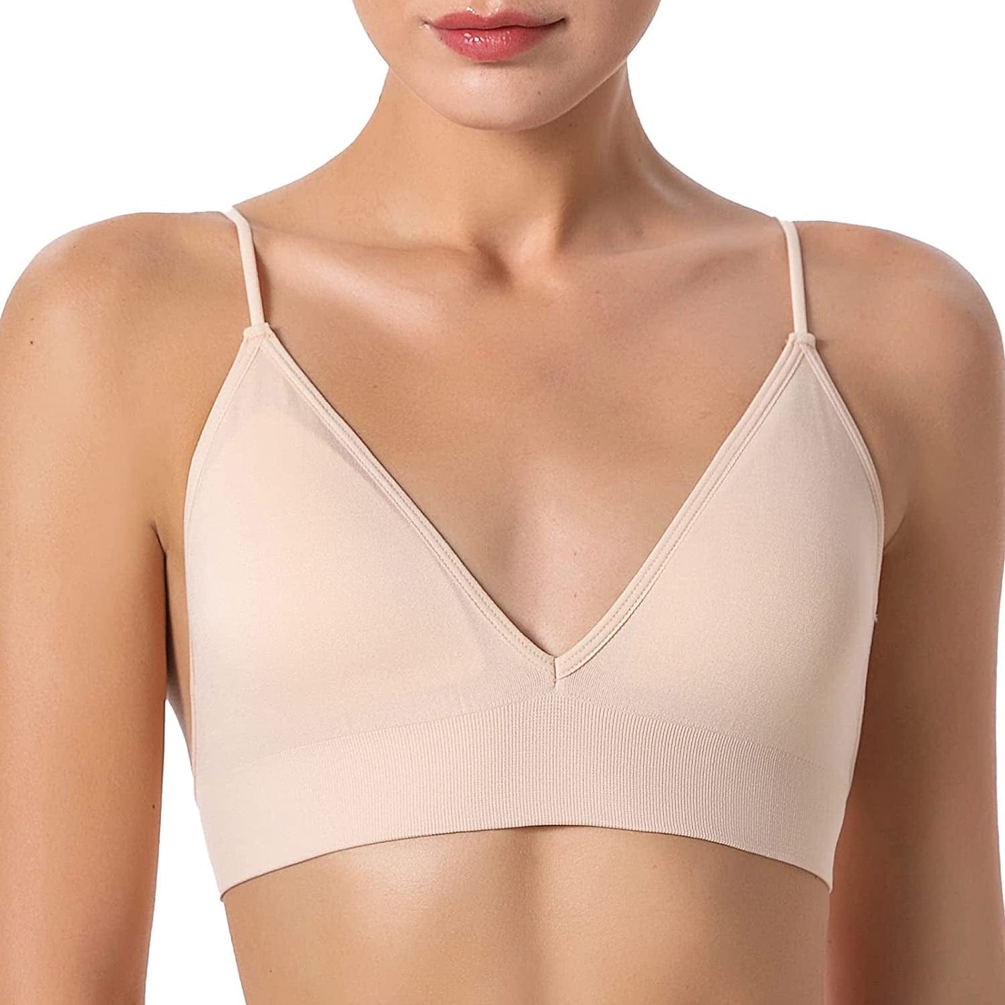 Bralettes for Women Wireless Triangle Bralettes Padded Wire Free V Neck Sleep Bra for Women Girls Beige / Small