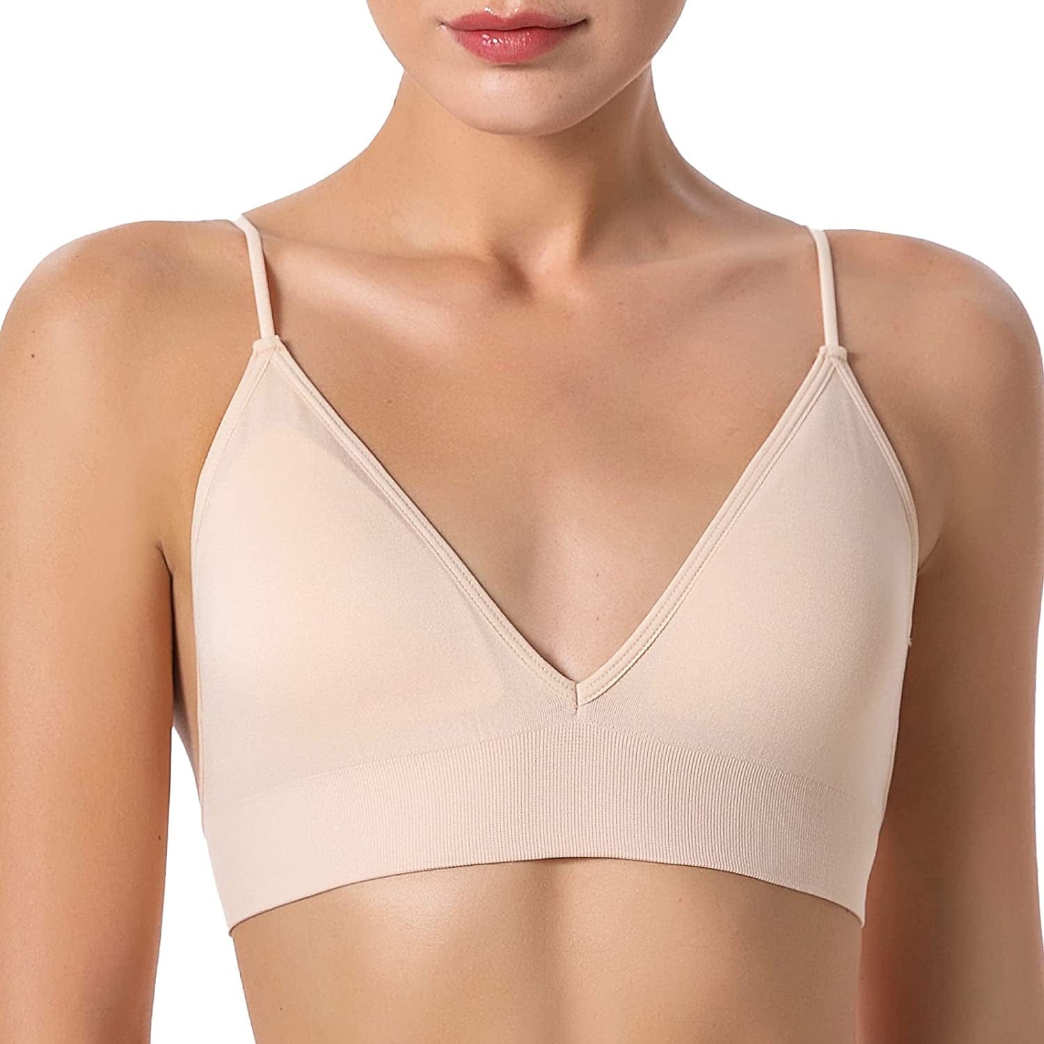 Bralettes for Women Wireless Triangle Bralettes Padded Wire Free V Neck Sleep Bra for Women Girls Beige / Small