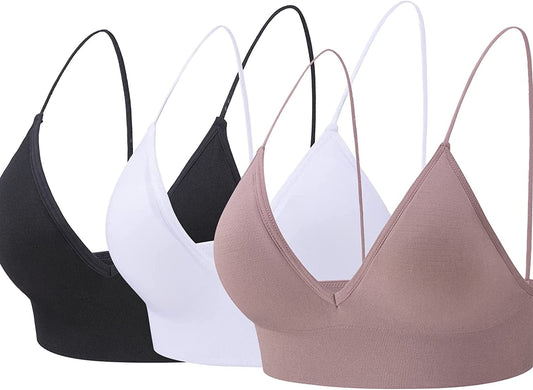 Bralettes for Women Wireless Triangle Bralettes Padded Wire Free V Neck Sleep Bra for Women Girls Black+white+bean Paste / Medium