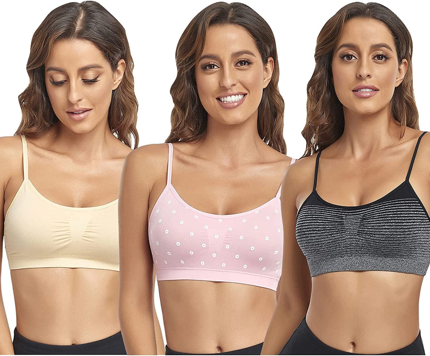 Bralettes Padded Cami Strap Bra, Seamless Sports Bra, Wireless Comfort Lightly T-Shirt Bra Gray 1, Skin 1, Pink 1 / Large