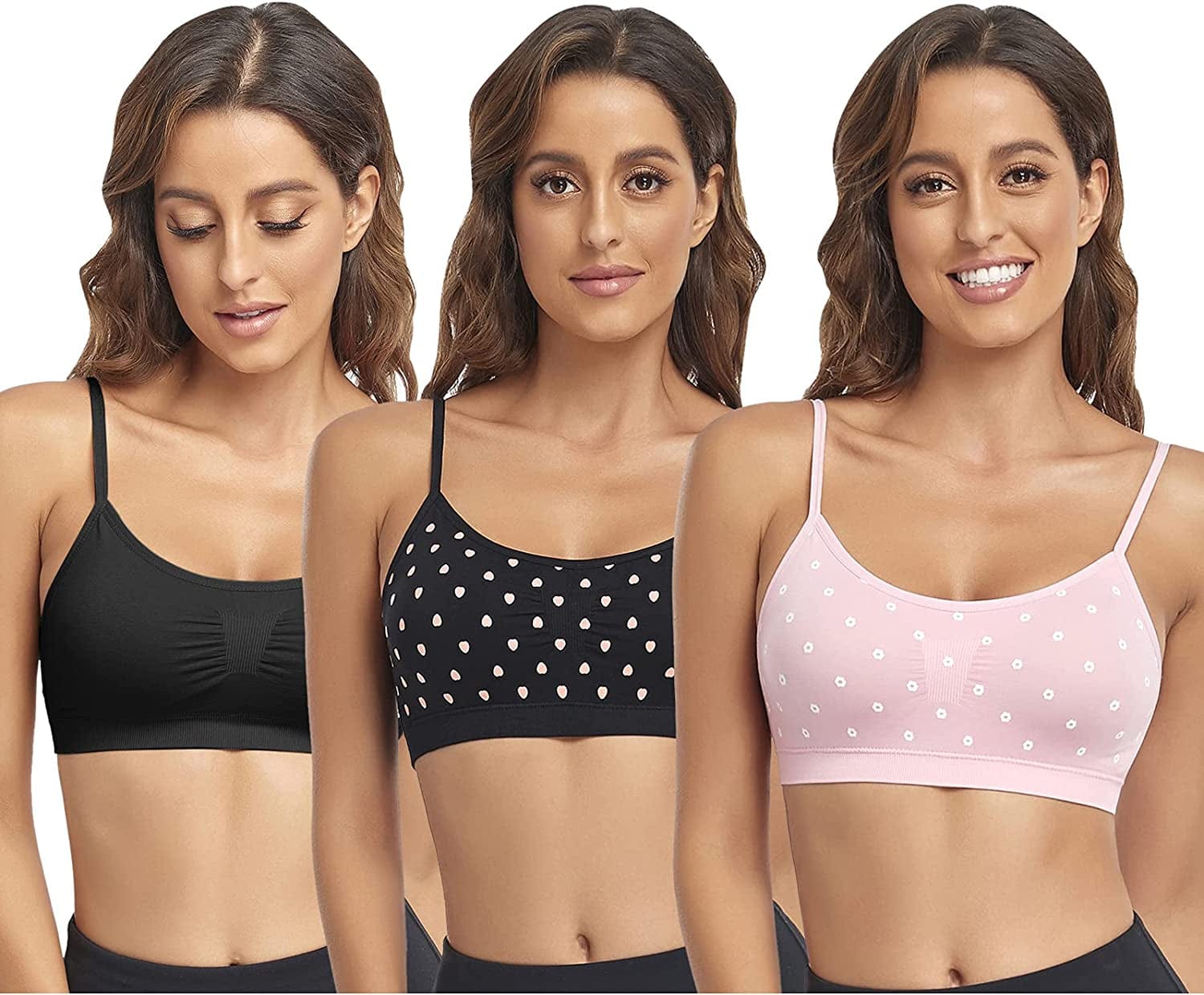 Bralettes Padded Cami Strap Bra, Seamless Sports Bra, Wireless Comfort Lightly T-Shirt Bra Black 1, Black Heart 1, Pink 1 / Large