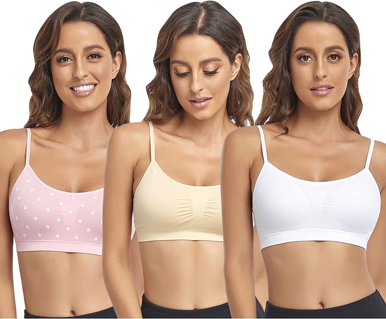 Bralettes Padded Cami Strap Bra, Seamless Sports Bra, Wireless Comfort Lightly T-Shirt Bra Pink 1, White 1, Skin 1 / Large