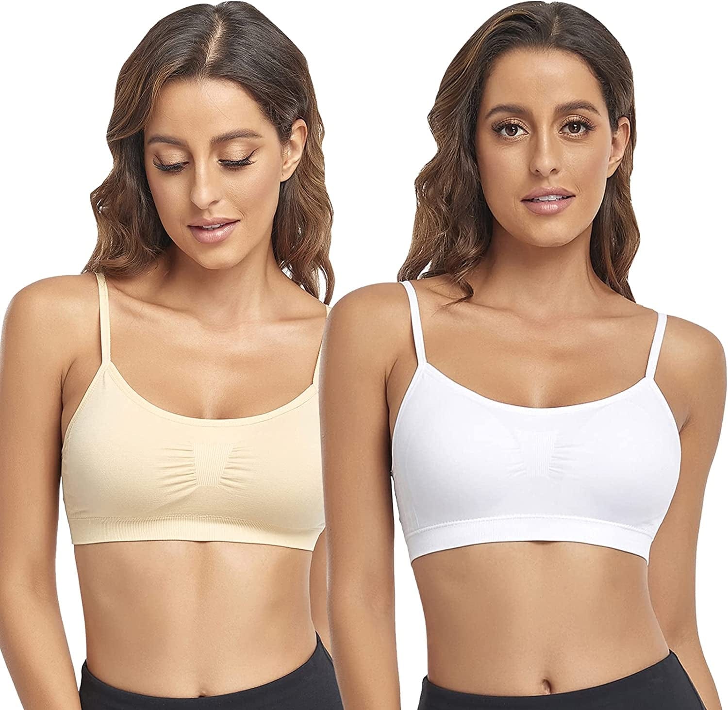 Bralettes Padded Cami Strap Bra, Seamless Sports Bra, Wireless Comfort Lightly T-Shirt Bra White 1, Skin 1 / XX-Large