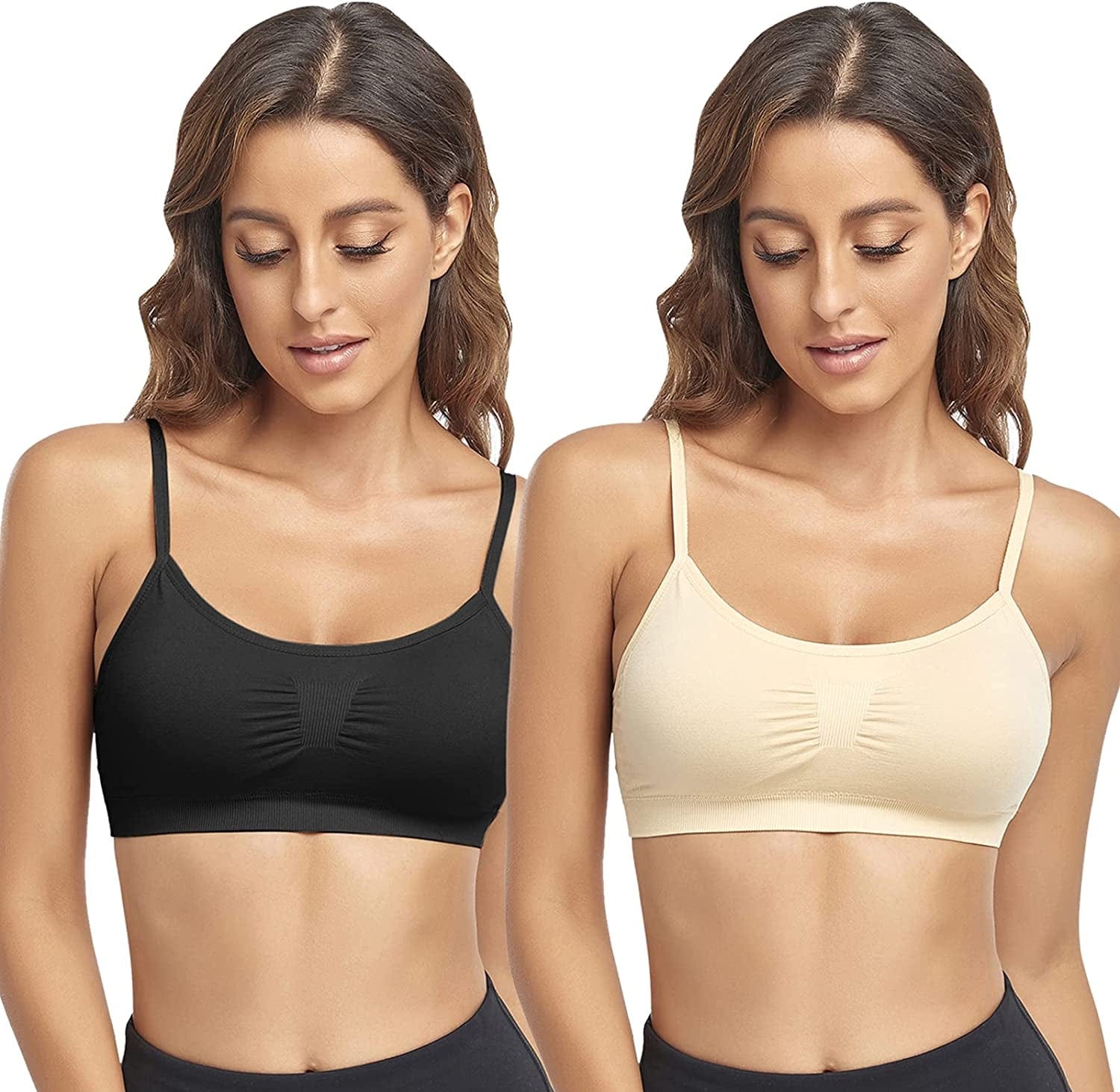 Bralettes Padded Cami Strap Bra, Seamless Sports Bra, Wireless Comfort Lightly T-Shirt Bra Black 1, Skin 1 / Large
