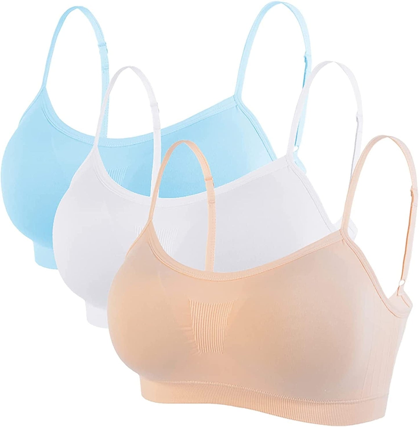 Bralettes Padded Cami Strap Bra, Seamless Sports Bra, Wireless Comfort Lightly T-Shirt Bra White, Apricot, Light Blue / Large
