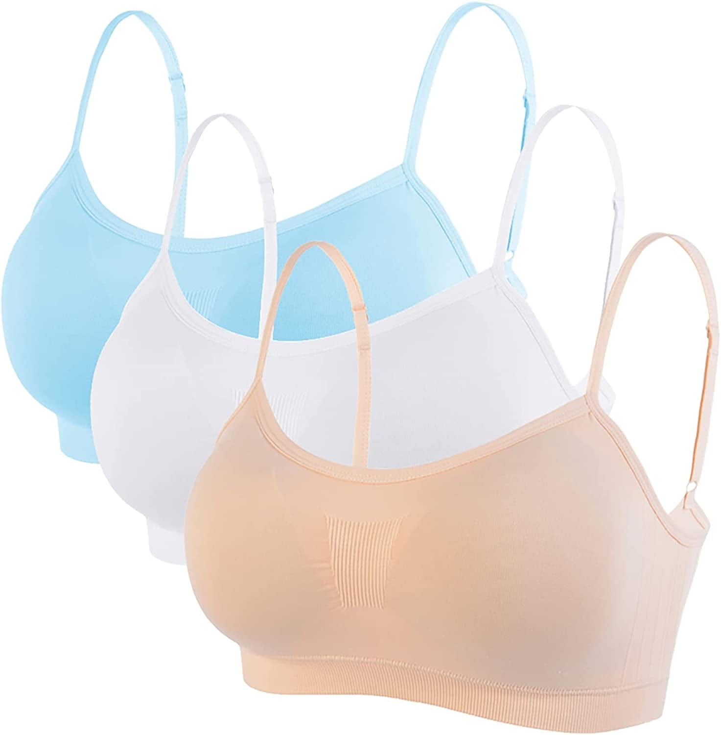 Bralettes Padded Cami Strap Bra, Seamless Sports Bra, Wireless Comfort Lightly T-Shirt Bra White, Apricot, Light Blue / Large