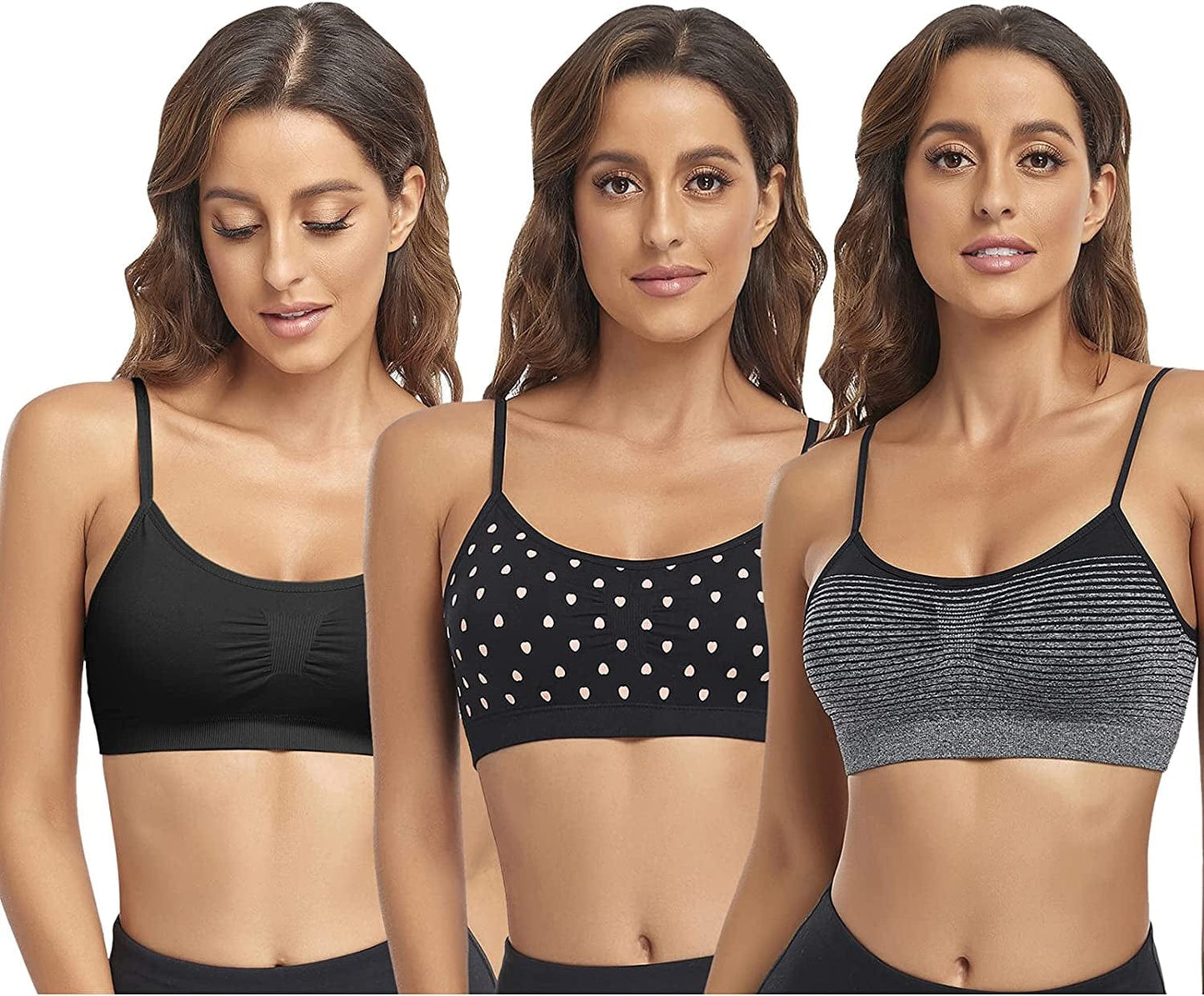 Bralettes Padded Cami Strap Bra, Seamless Sports Bra, Wireless Comfort Lightly T-Shirt Bra Black 1, Black Heart 1, Gray 1 / Large