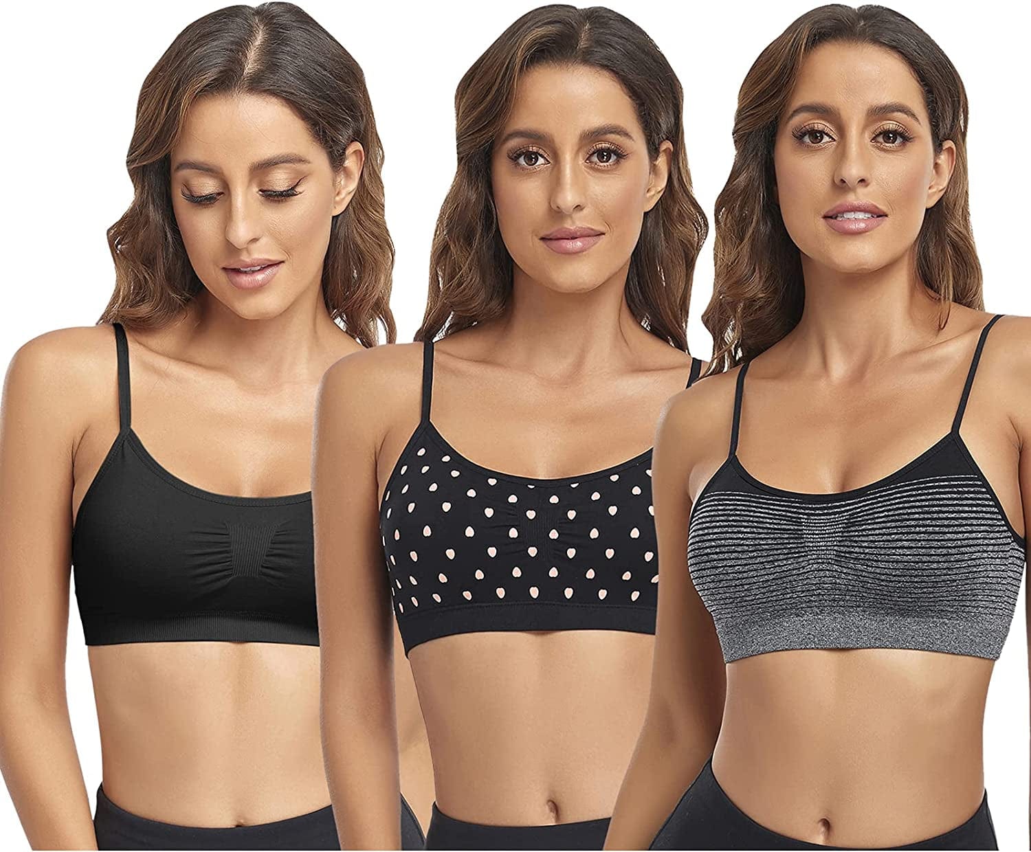 Bralettes Padded Cami Strap Bra, Seamless Sports Bra, Wireless Comfort Lightly T-Shirt Bra Black 1, Black Heart 1, Gray 1 / Large