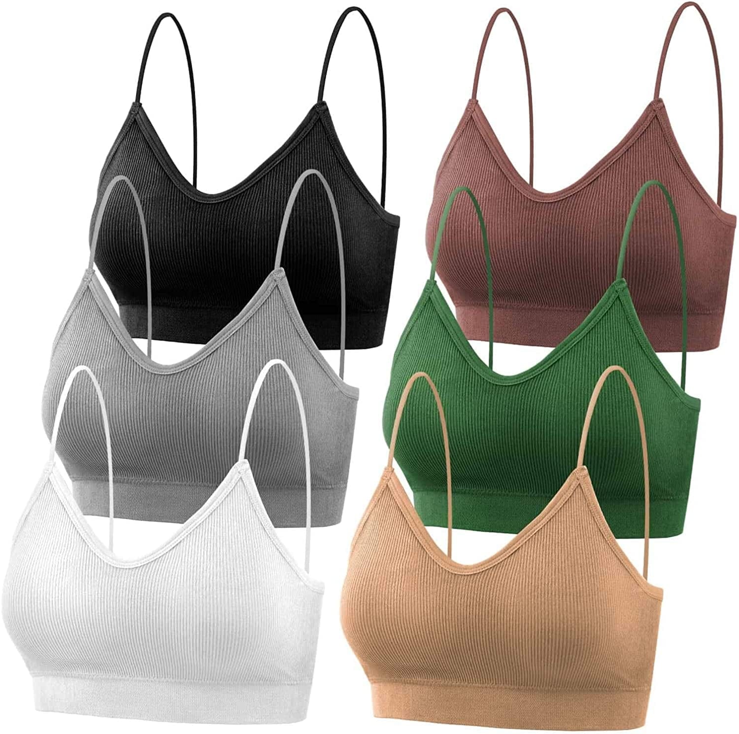 Bras for Women Pack of 6, Bralettes for Women Padded, Sports Bras for Women Cameo Brown, Black, White, Green, Gray and Beige / Small-Medium
