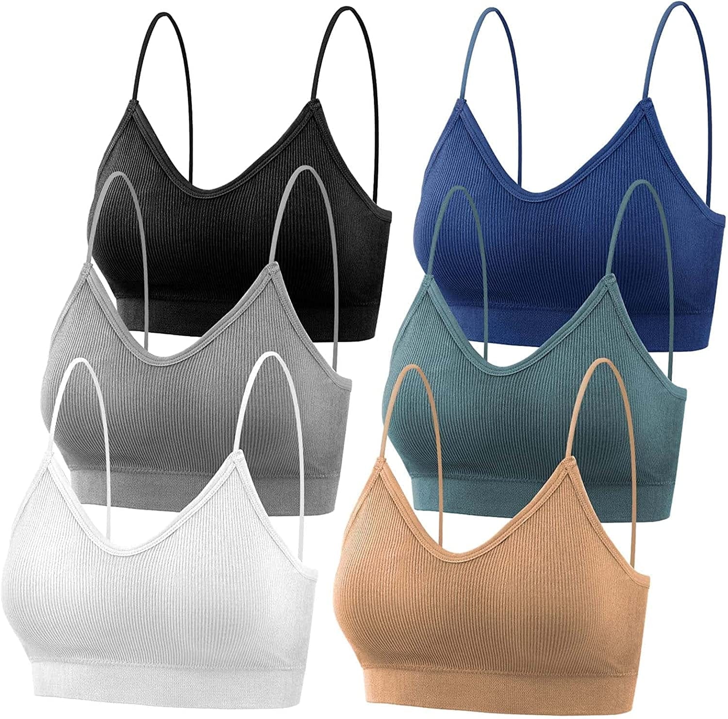Bras for Women Pack of 6, Bralettes for Women Padded, Sports Bras for Women Black, White, Gray, Royal Blue, Steel Blue, Beige / (Small) 32D