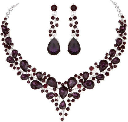 Bridal Austrian Crystal Necklace and Earrings Jewelry Set Gifts Fit with Wedding Dress Purple