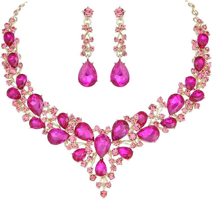 Bridal Austrian Crystal Necklace and Earrings Jewelry Set Gifts Fit with Wedding Dress Rose red