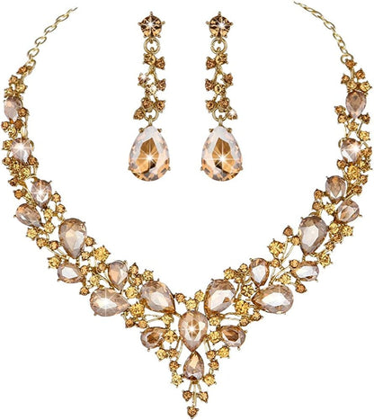 Bridal Austrian Crystal Necklace and Earrings Jewelry Set Gifts Fit with Wedding Dress Champagne