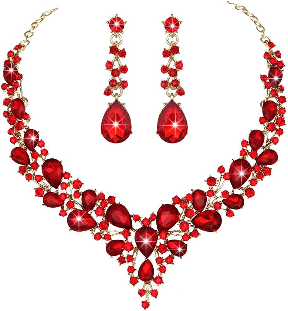 Bridal Austrian Crystal Necklace and Earrings Jewelry Set Gifts Fit with Wedding Dress Red