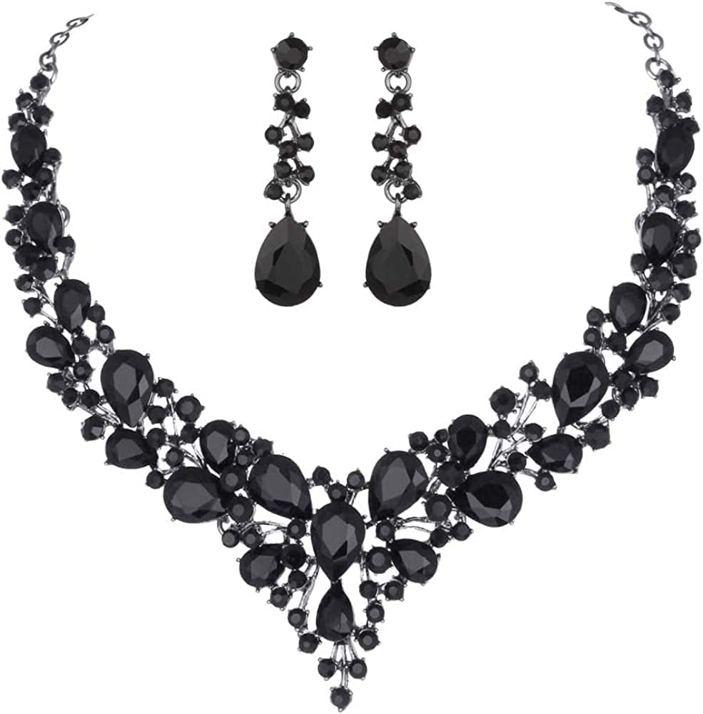 Bridal Austrian Crystal Necklace and Earrings Jewelry Set Gifts Fit with Wedding Dress Black-Black Tone