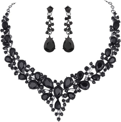 Bridal Austrian Crystal Necklace and Earrings Jewelry Set Gifts Fit with Wedding Dress Black-Black Tone