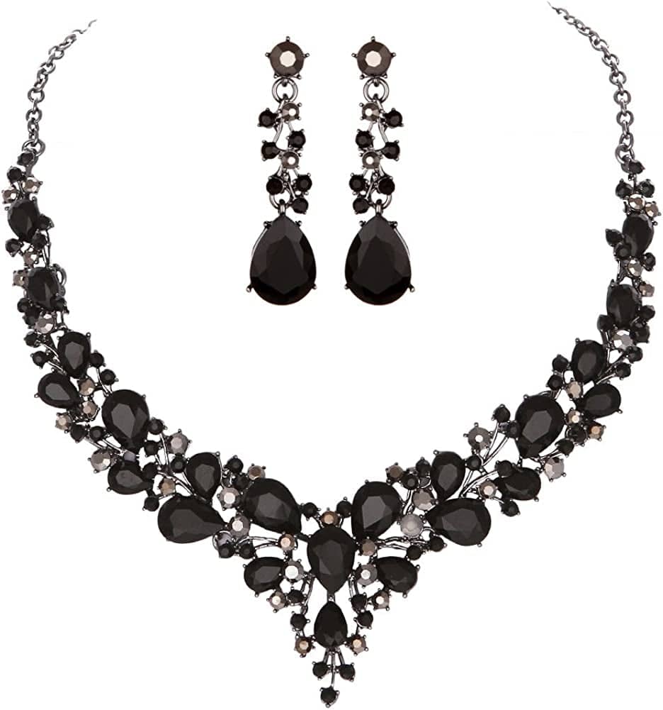 Bridal Austrian Crystal Necklace and Earrings Jewelry Set Gifts Fit with Wedding Dress 02-Black