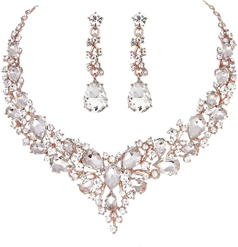 Bridal Austrian Crystal Necklace and Earrings Jewelry Set Gifts Fit with Wedding Dress Clear-Rose Gold Tone