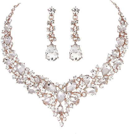 Bridal Austrian Crystal Necklace and Earrings Jewelry Set Gifts Fit with Wedding Dress Clear-Rose Gold Tone
