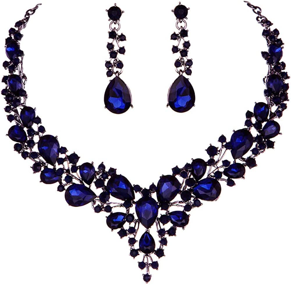 Bridal Austrian Crystal Necklace and Earrings Jewelry Set Gifts Fit with Wedding Dress Navy Blue