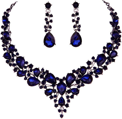 Bridal Austrian Crystal Necklace and Earrings Jewelry Set Gifts Fit with Wedding Dress Navy Blue