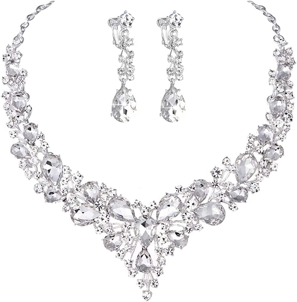 Bridal Austrian Crystal Necklace and Earrings Jewelry Set Gifts Fit with Wedding Dress Clear-Ear Clip