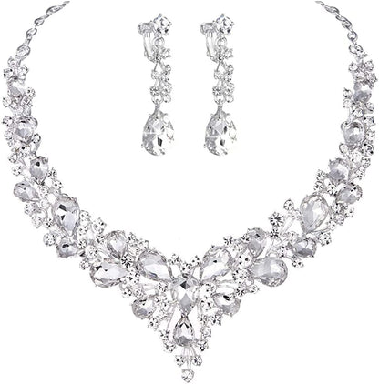 Bridal Austrian Crystal Necklace and Earrings Jewelry Set Gifts Fit with Wedding Dress Clear-Ear Clip