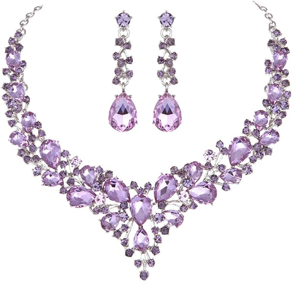 Bridal Austrian Crystal Necklace and Earrings Jewelry Set Gifts Fit with Wedding Dress Light Purple