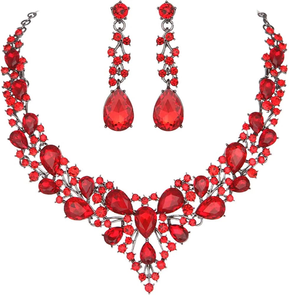 Bridal Austrian Crystal Necklace and Earrings Jewelry Set Gifts Fit with Wedding Dress 09-Red-Black tone